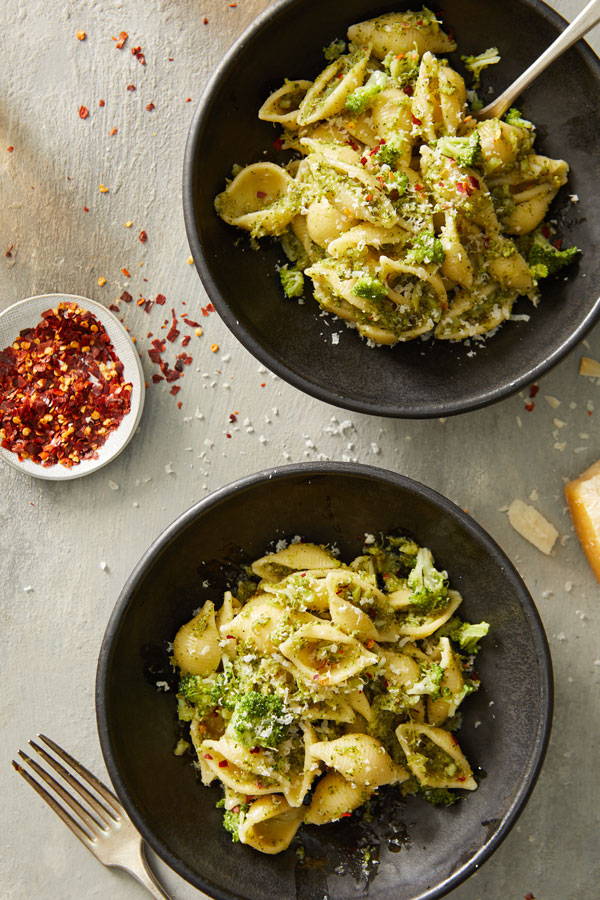 Pasta shells with broccoli in a robust sauce
