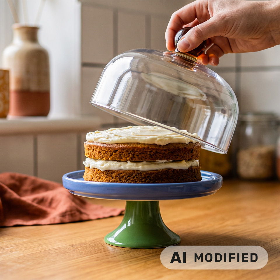 Personne soulevant une cloche en verre d’un gâteau à étages sur un présentoir à gâteau.