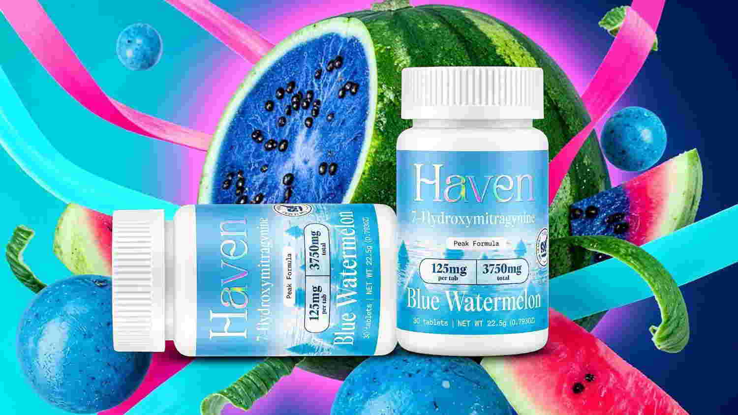 Bottles of dietary supplements with colorful fruit background.