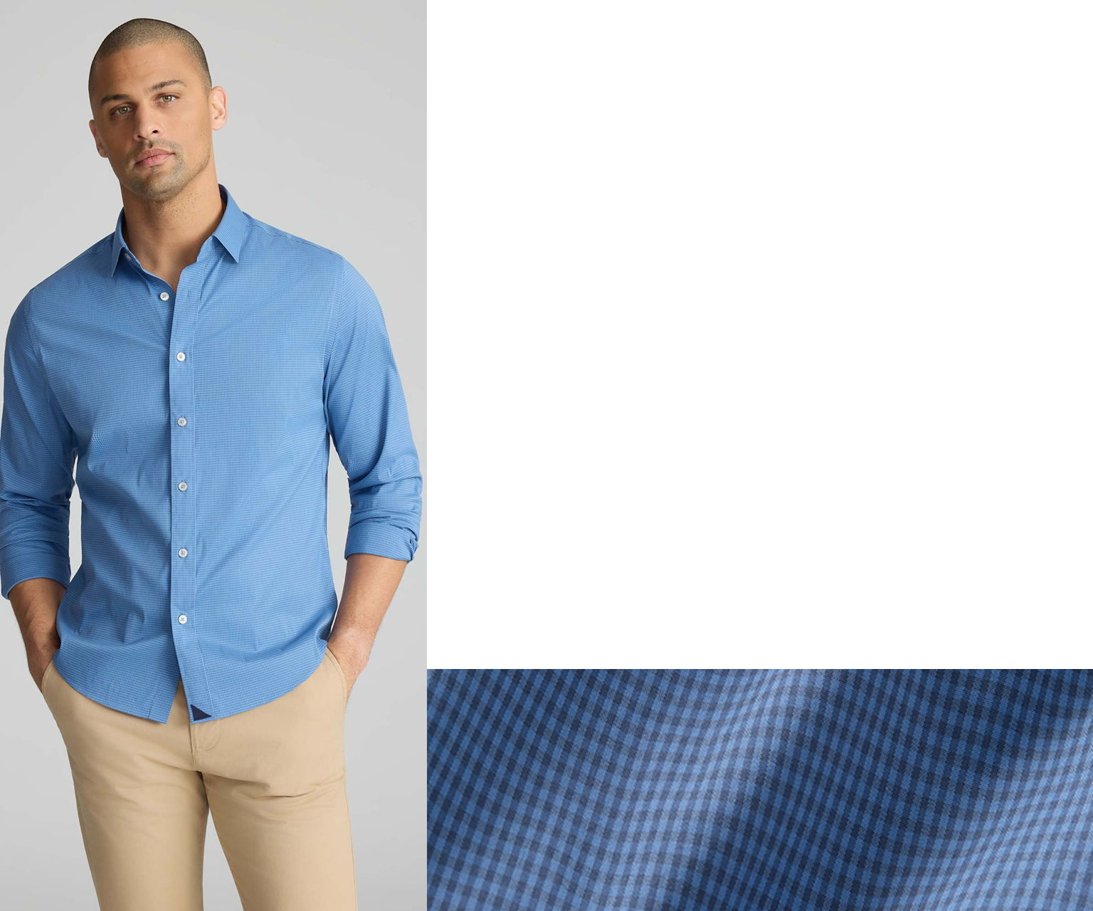Man in a blue button-up shirt, standing next to fabric swatch.