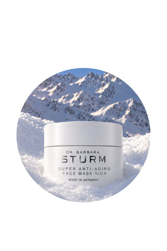 Dr. Barbara Sturm Super Anti-Aging Face Mask Rich in snowy mountain setting.