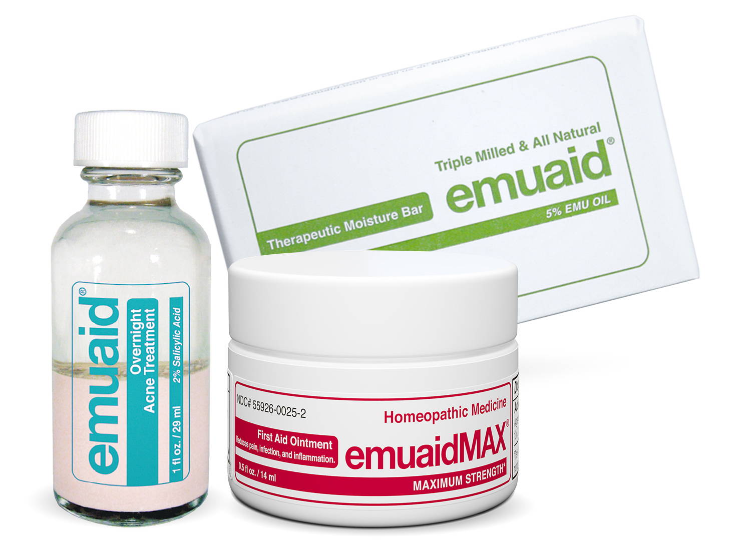 This is a picture of the EMUAIDⓇ Overnight Acne Treatment., EMUAIDⓇ Therapeutic Moisture Bar, and EMUAIDMAX® First Aid Ointment.