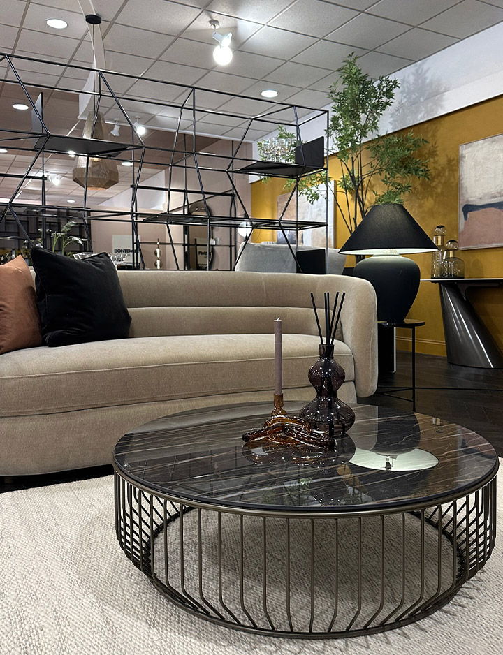 Modern living room with a sofa, coffee table, and decorative elements.