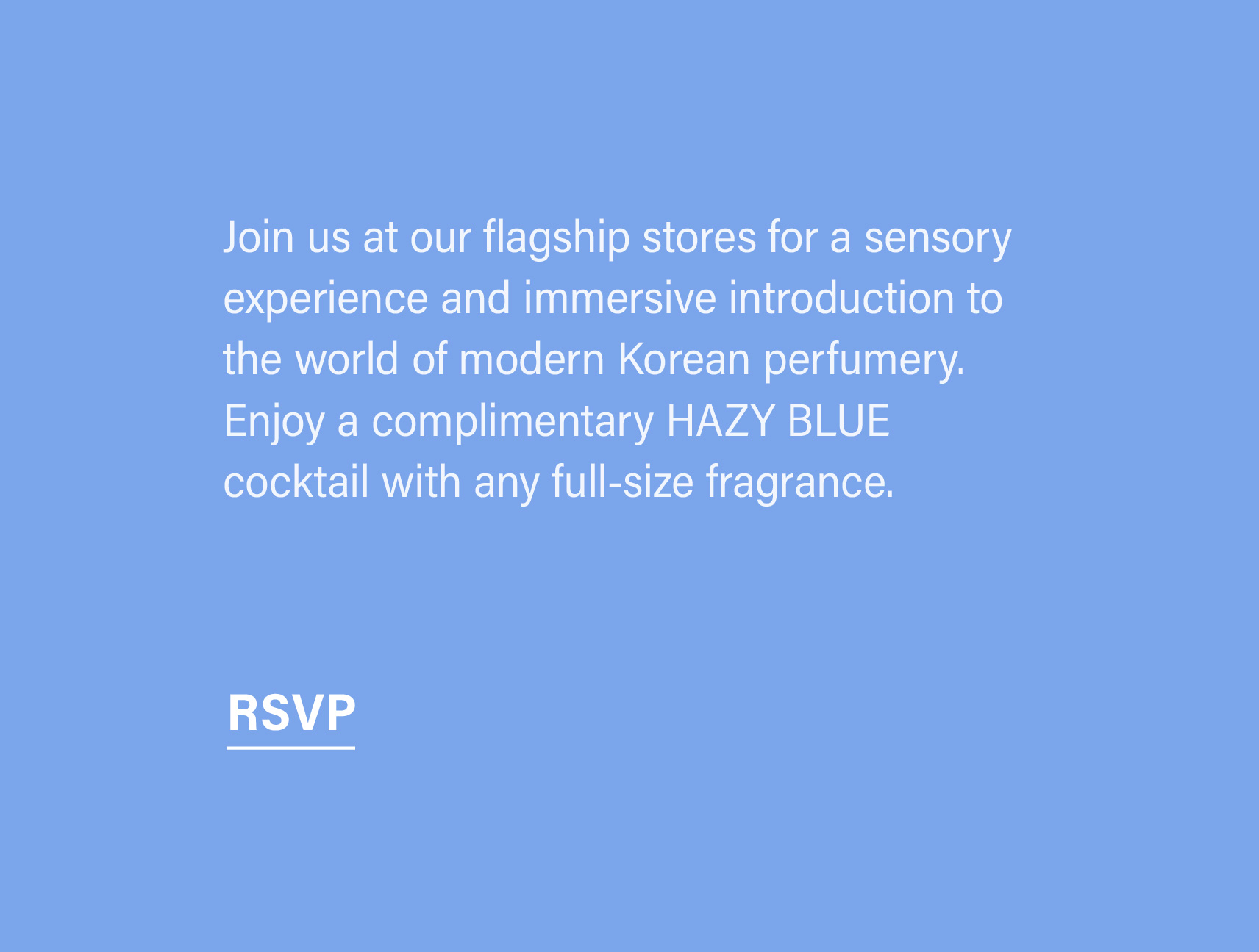 Invitation to Korean perfumery event with complimentary cocktail. RSVP details included.