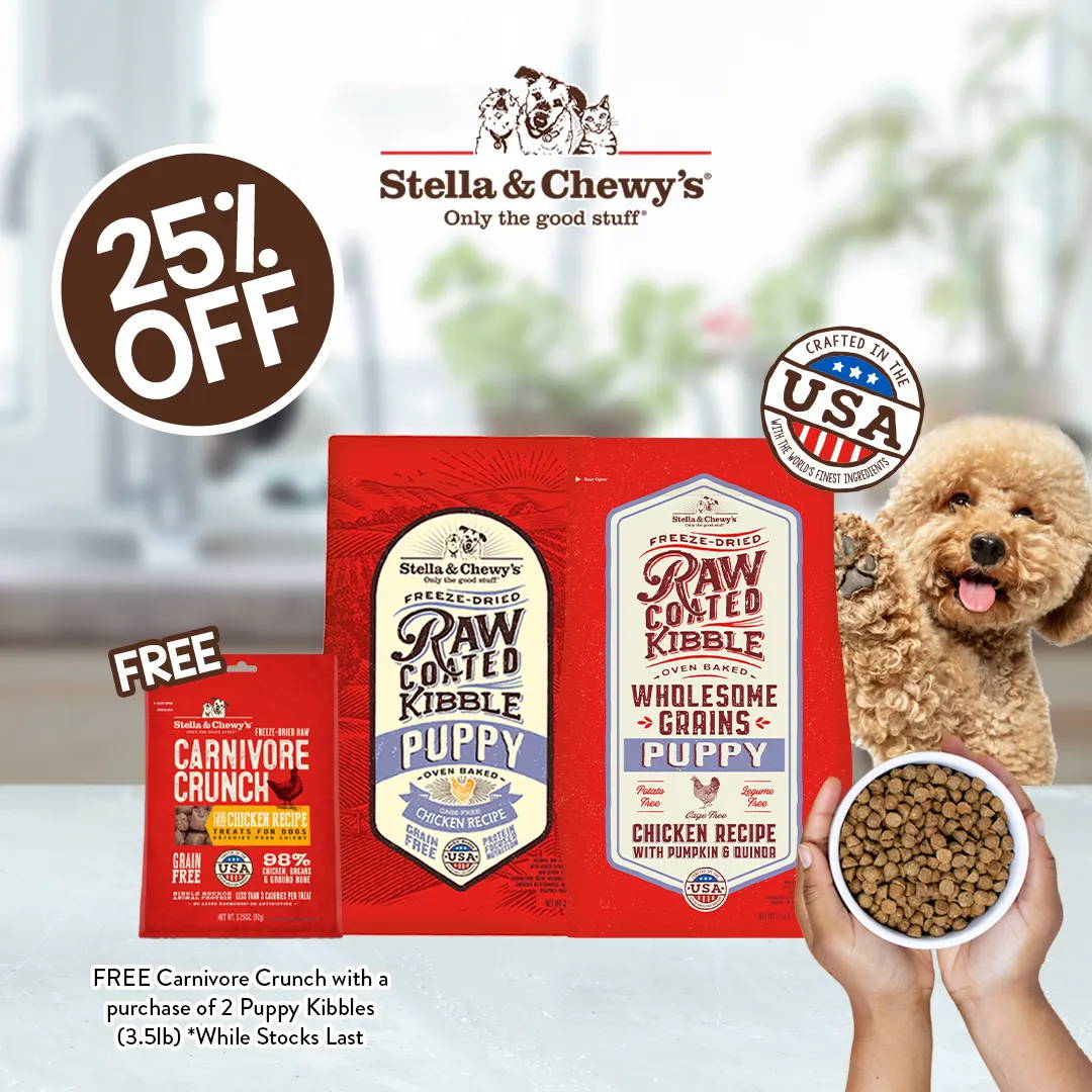 Stella & Chewy's puppy dog food 25% OFF promotion and free Carnivore Crunch treats with every 2 bags.