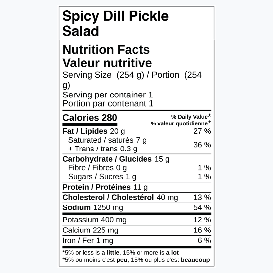 Nutrition facts for Spicy Dill Pickle Salad, including calories and nutrients.