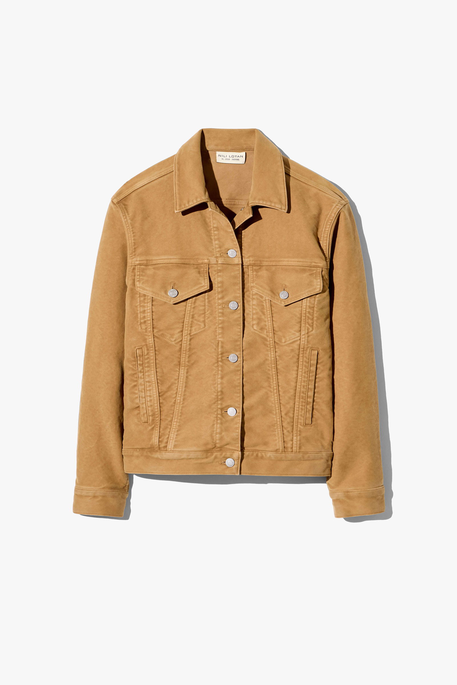 Brown suede jacket with two front pockets and button closure.