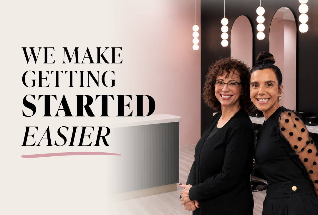 Two women smiling in a salon with promotional text about getting started.