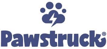 Pawstruck logo: Pawstruck in a whimsical dark blue font with an icon of a paw print with a lightning bolt above it
