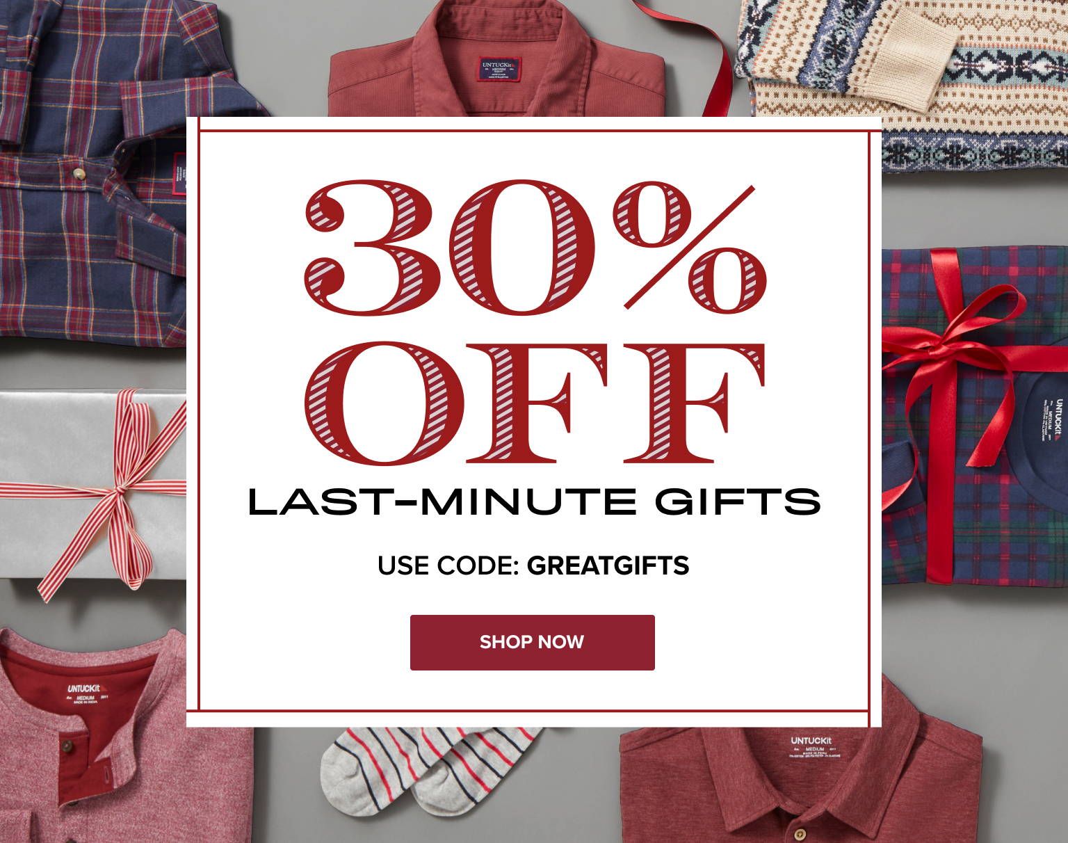 Laydown of Untuckit Holiday Products, 30% Off Last-Minute Gifts | Use Code: GREATGIFTS