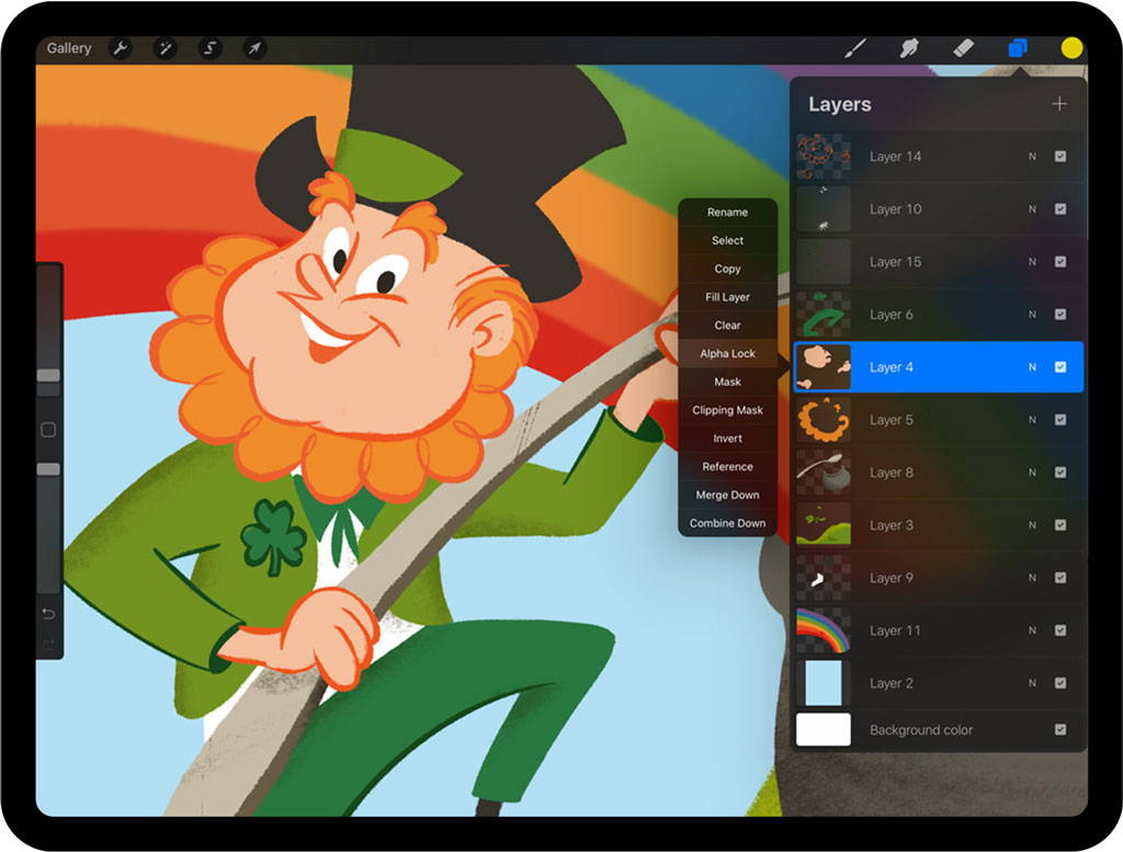 Skin layer and alpha lock of leprechaun drawing selected in Layers Panel in Procreate
