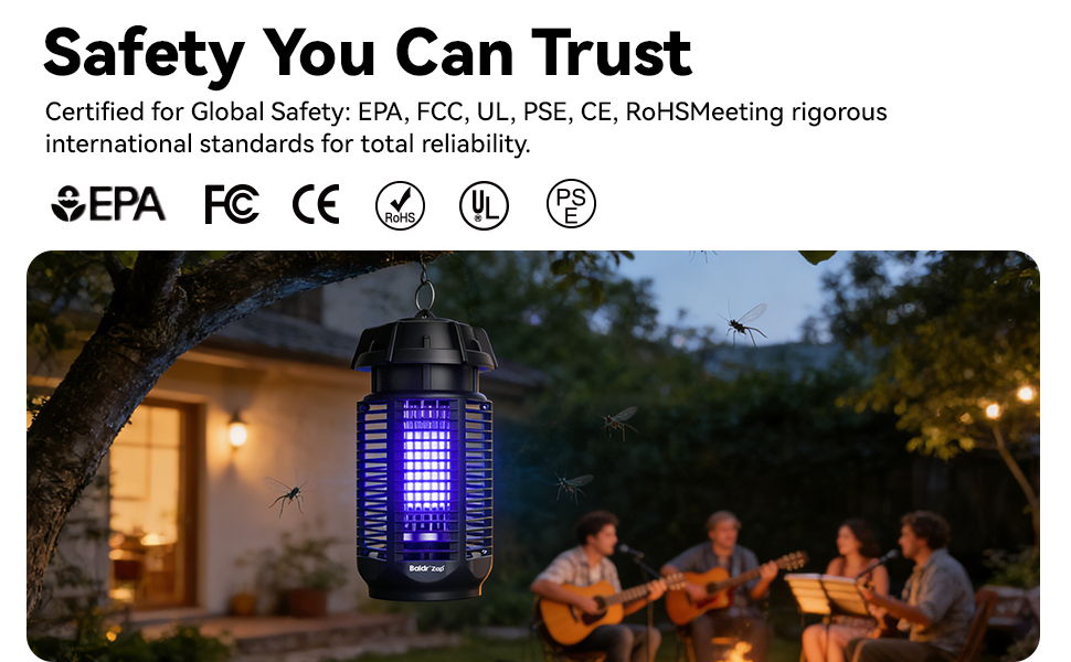 Outdoor gathering with people and a safety-certified light source.
