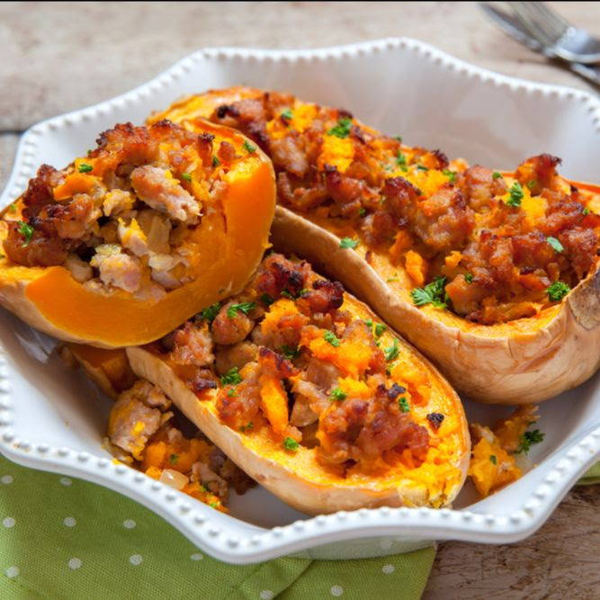 stuffed squash with turkey and marjoram pieces and butternut squash