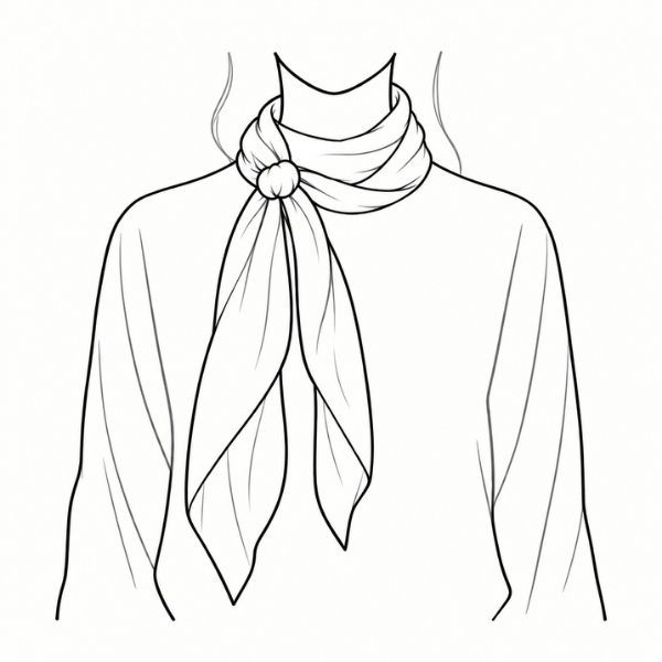 Drawn illustration of a woman wear a scarf that is looped around the neck and then knotted to the side.