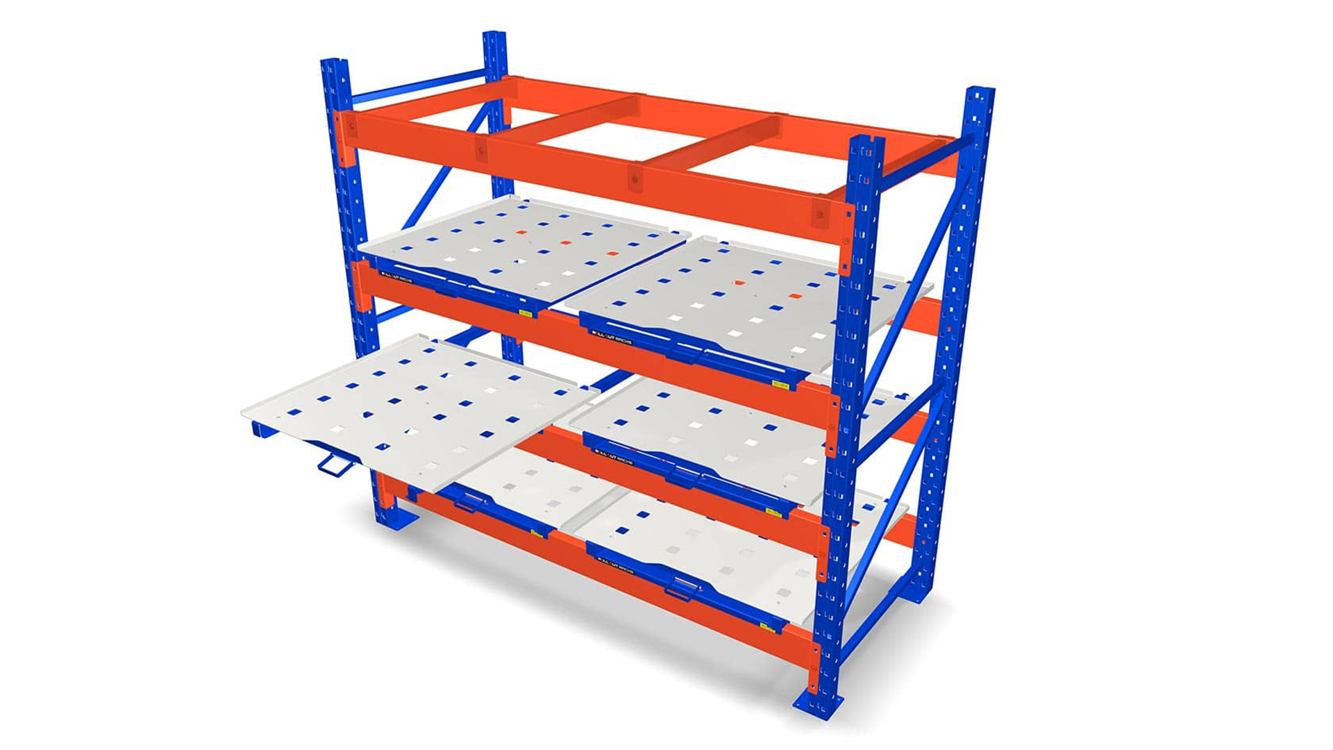 A blue and orange shelving unit with multiple shelves.