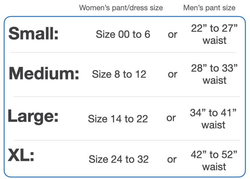 size 00 to size 6 (women’s) and 22 inch to 27 in waist (men’s), choose small. Size 8 to 12 (women’s) or 28 inch to 33 inch (men’s)  choose medium. Size 14 to 22 (women’s) or 34 inch to 41 inch (men’s) choose large. Size 24 to 32 (women’s) or 42 inch to 52 inch (men’s) choose XL. 