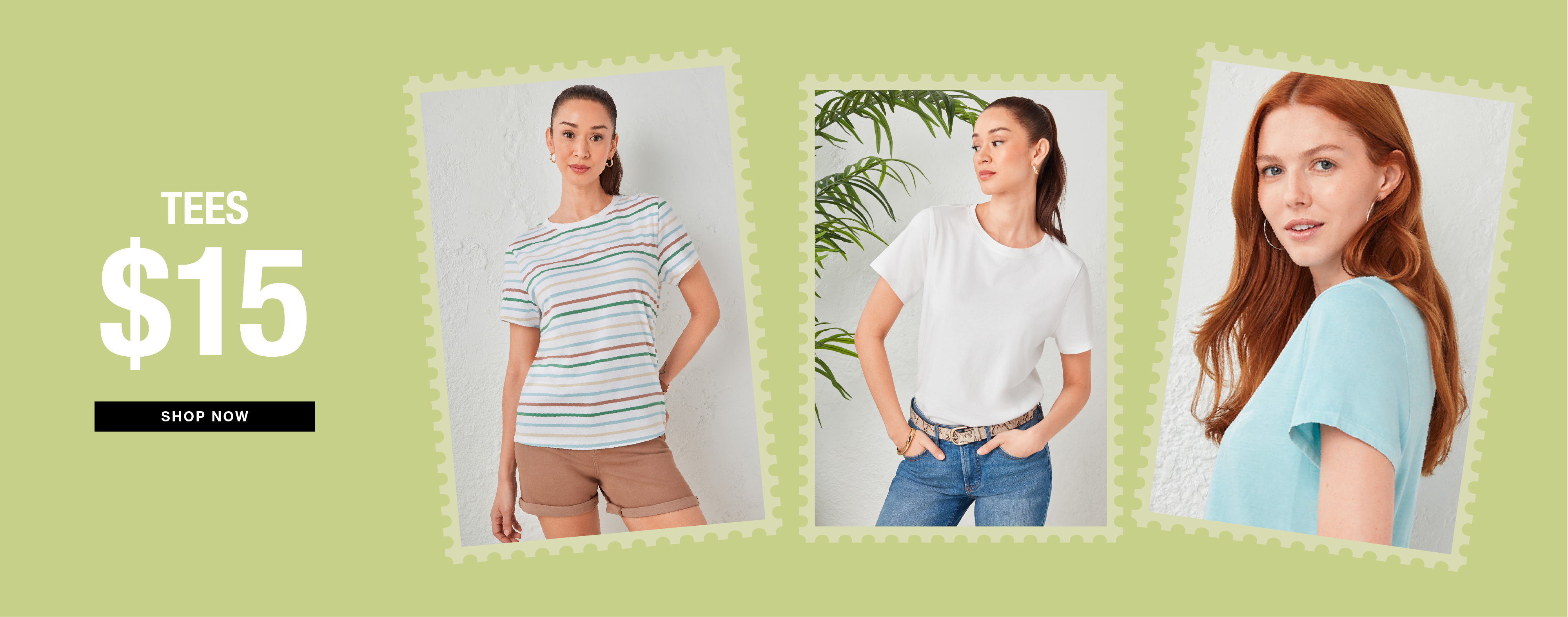 Three women modeling T-shirts priced at $15 on a green background.