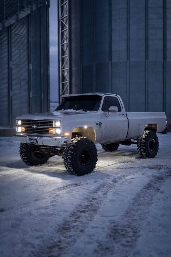 Exterior three-quarter view of Junior's 1984 Chevy Silverado K10 with HornBlasters Conductor's Special train horn kit featured customer install gallery photo 1