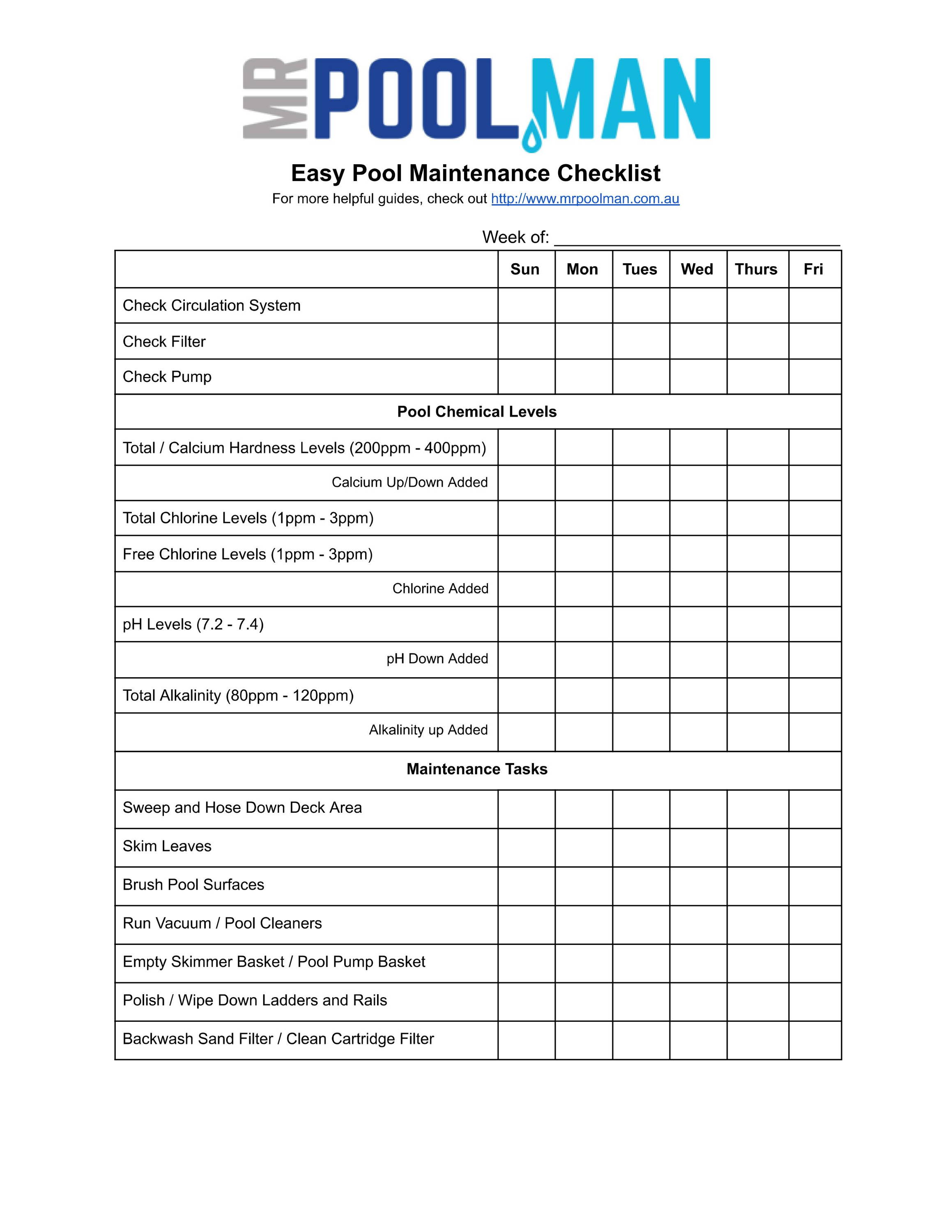 Mr Pool Man's Printable Pool Maintenance Checklist