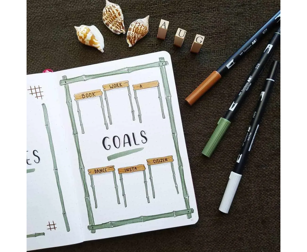Bullet Journal goals page using tombows
