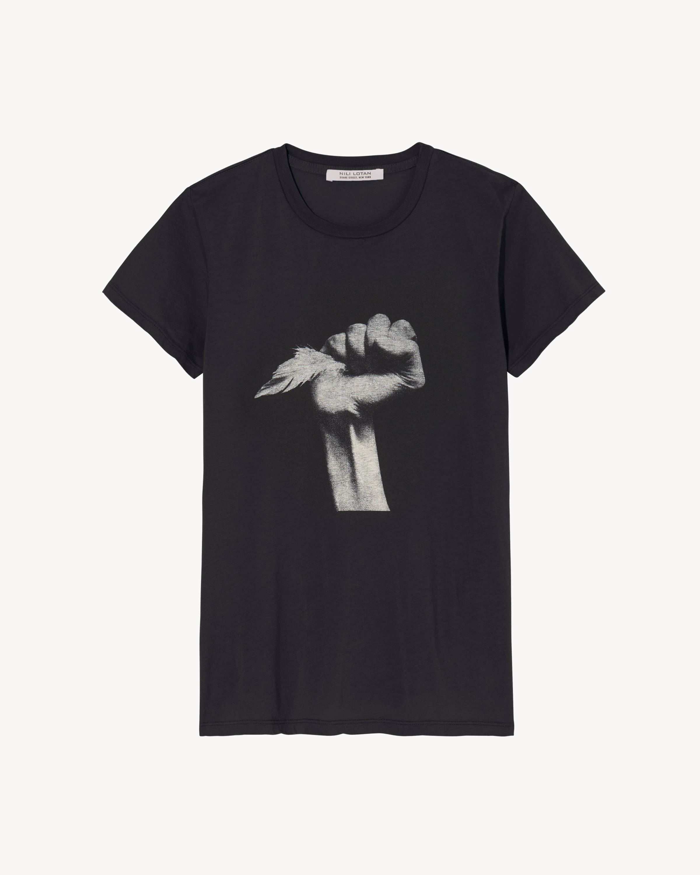 A black tee with a black and white image of a hand holding a feather.
