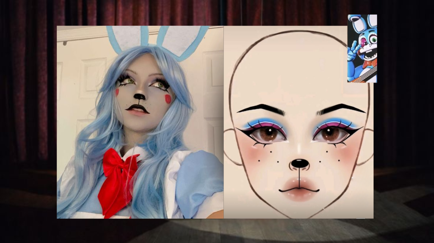 Cosplay makeup look featuring bold character-inspired face paint, dramatic eyeshadow, detailed eyeliner, and stylized theatrical makeup for anime, fantasy, or game character transformation