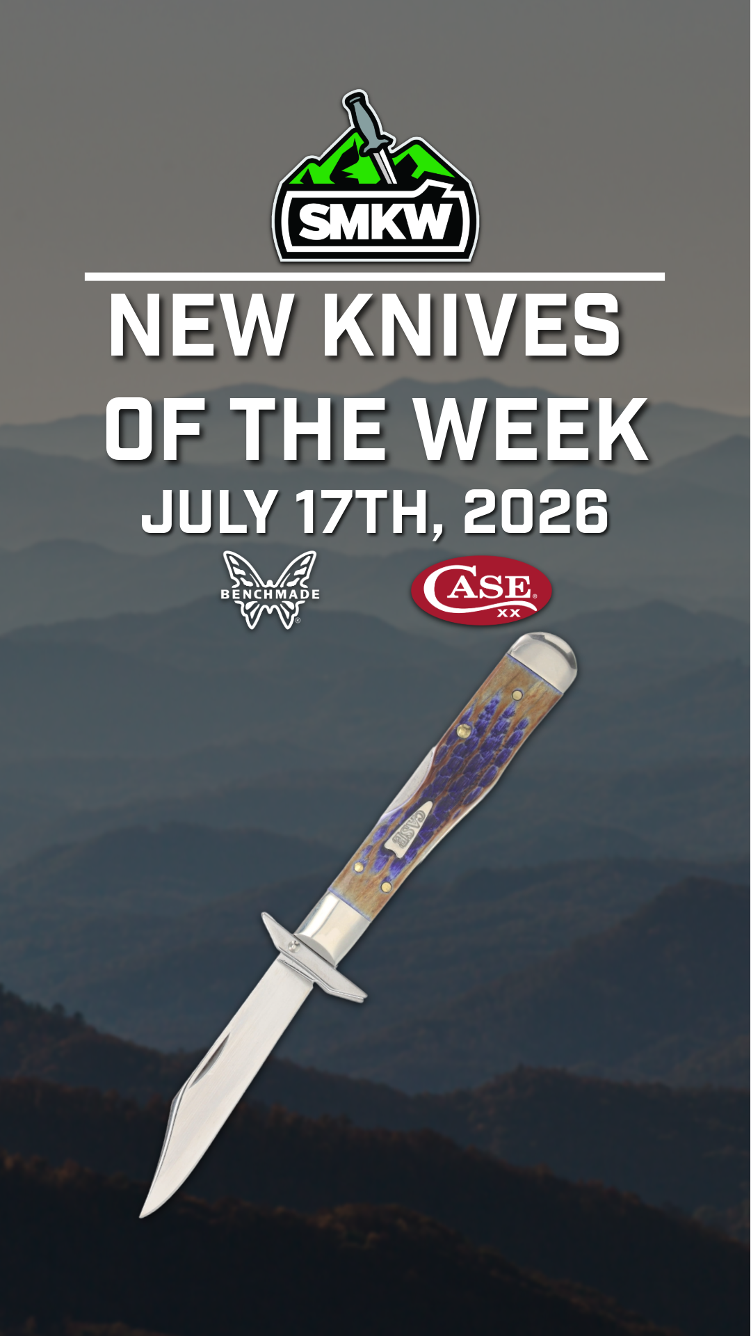 Promotional graphic for new knives, featuring a knife image and release date.