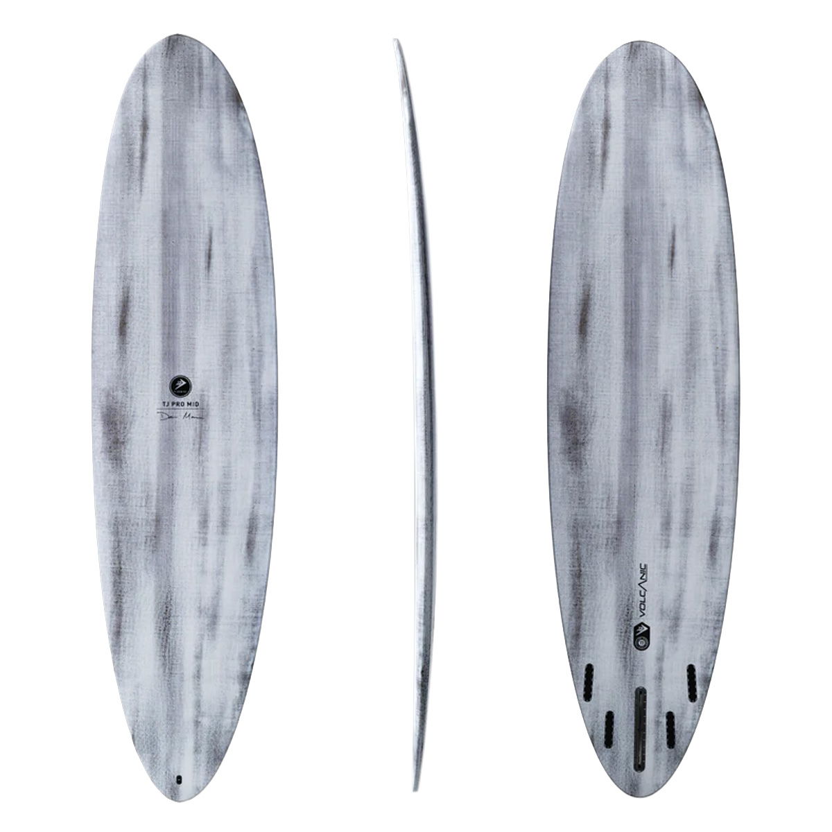 3 angles of a grey surfboard on white background