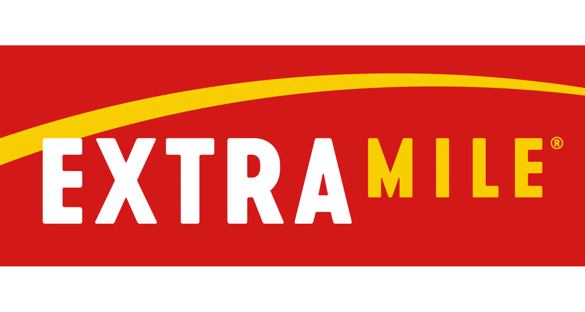 Logo of Extra Mile on a red background.