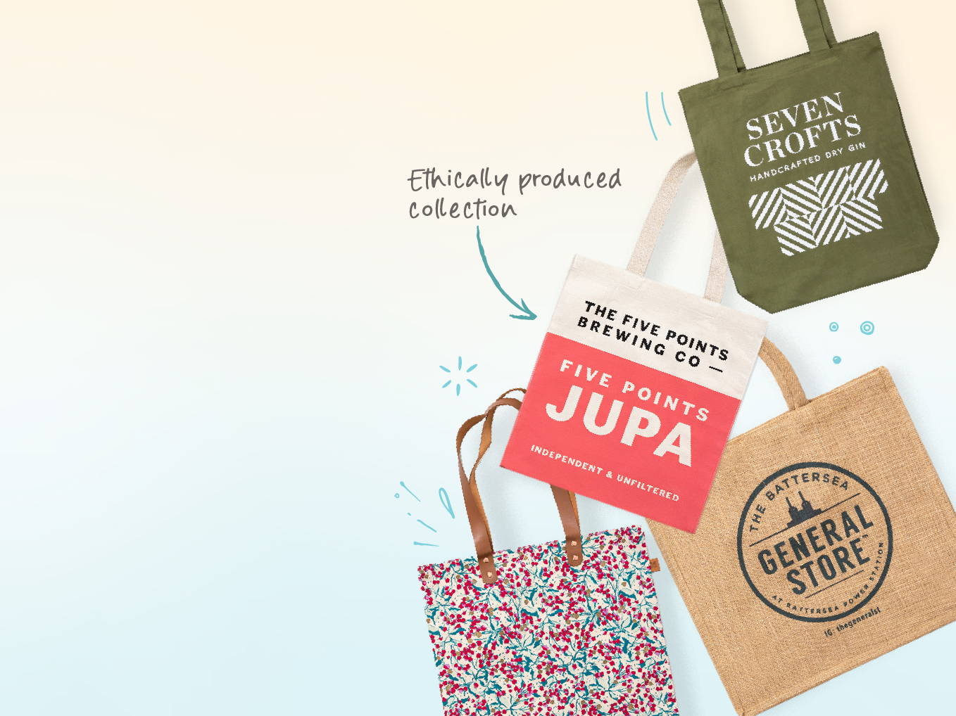All about bags - four personalised bags with logos and the text Ethically produced collection