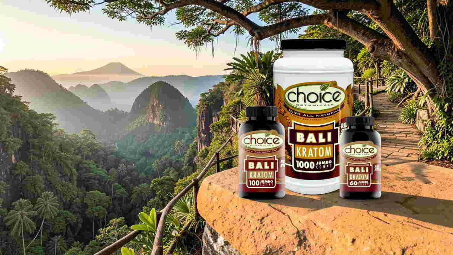 Bali herbal supplements displayed against a scenic mountain landscape background.