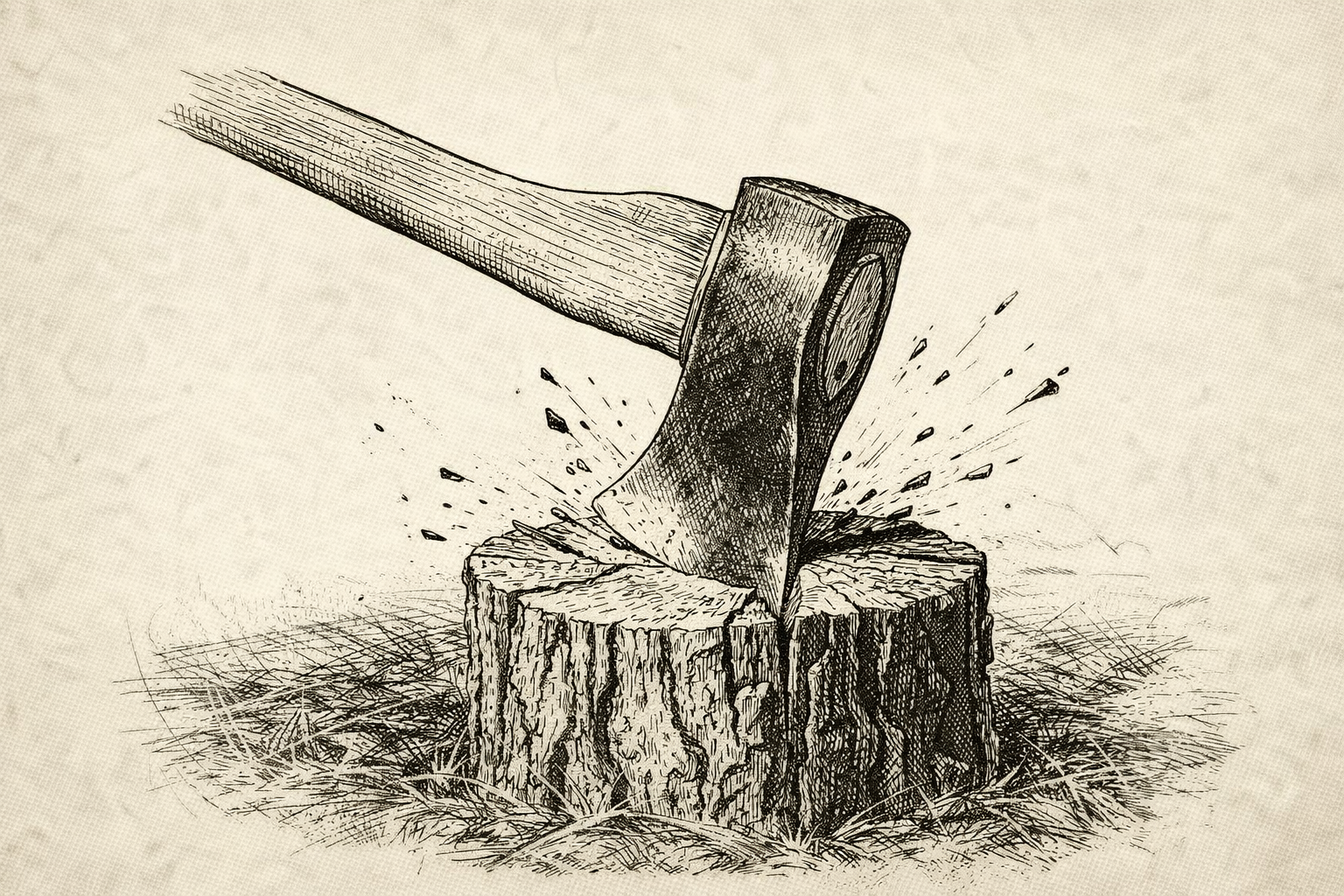 An axe striking a wooden stump, with wood chips flying.