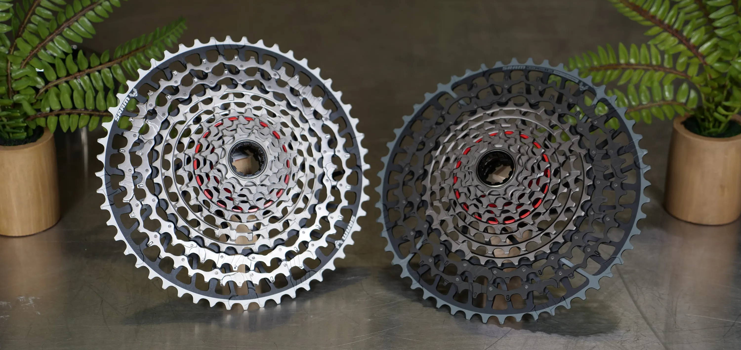 sram x0 and xx eagle t-type transmission mountain bike cassettes on a table