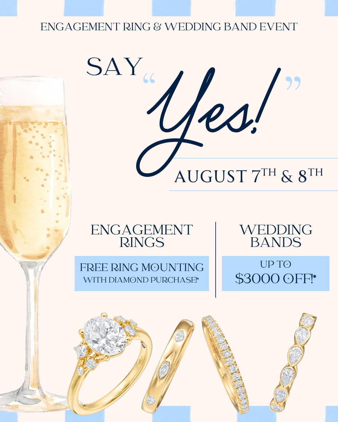 Promotional image for engagement rings and wedding bands event on August 7th and 8th.