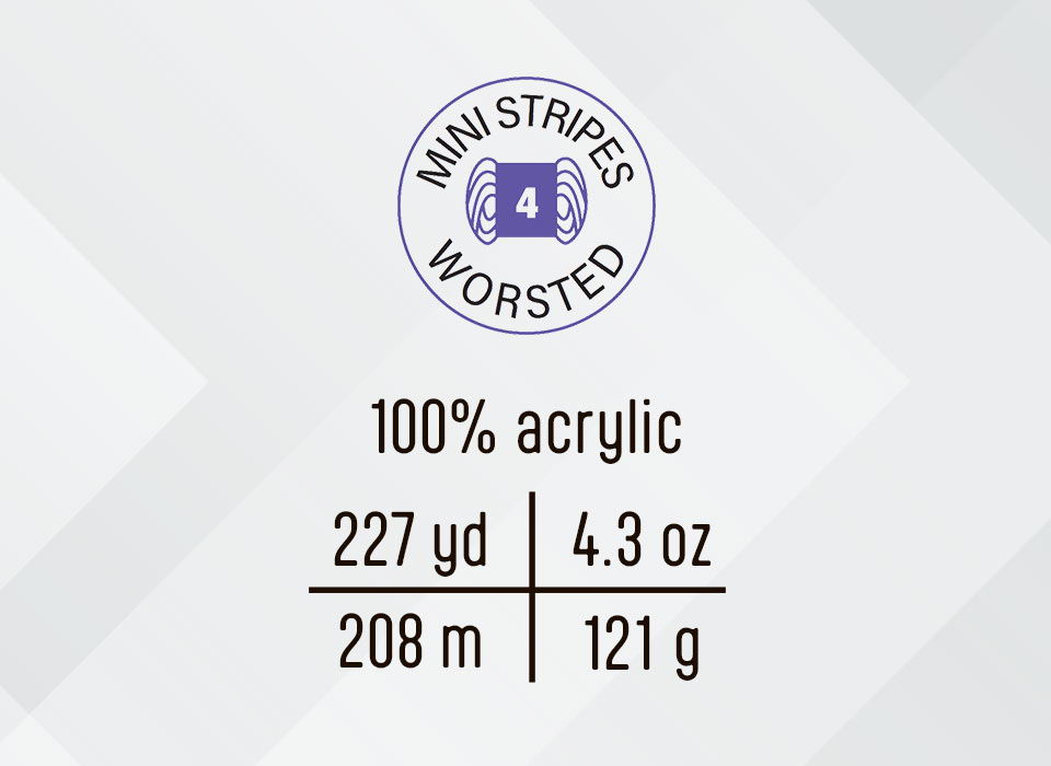 Herrschners Be-Stripy Yarn Label: 100% acrylic, 227 yd, 4.3 oz, 208 m, 121 g