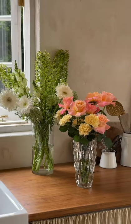 Flowers on a kitchen benchtop