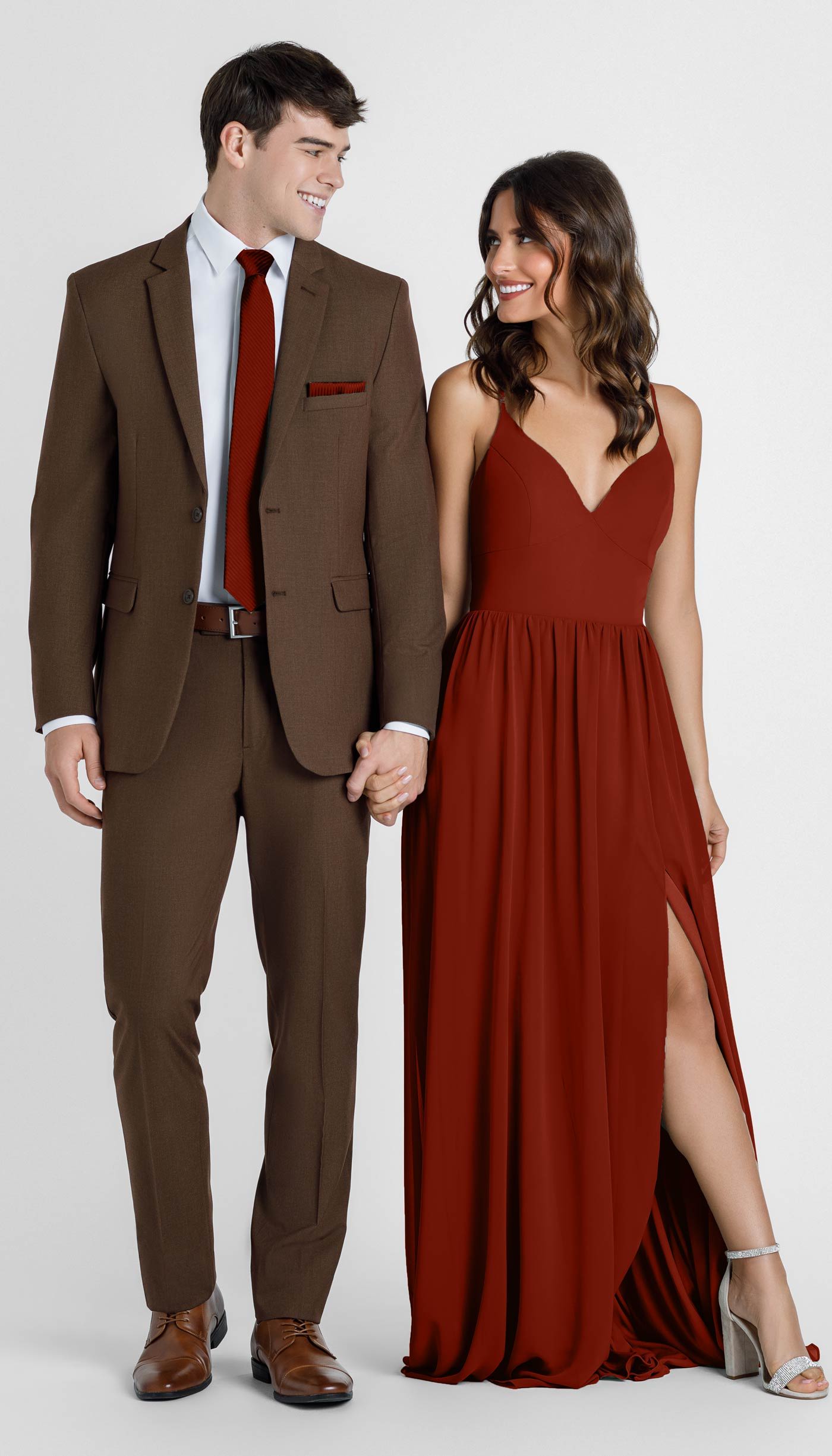 cocoa suit with cinnamon bridesmaid dress