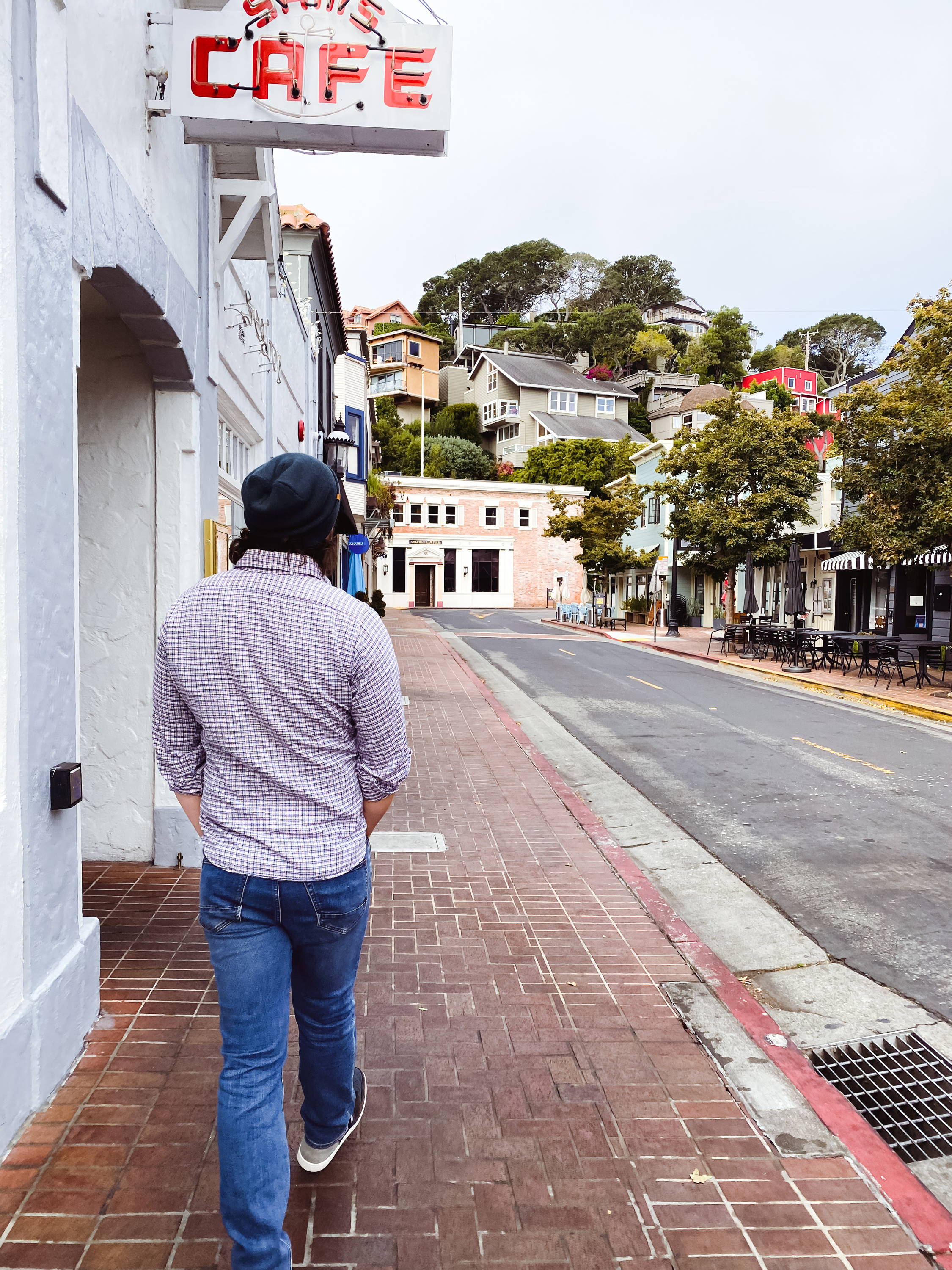 Artist Patricia Vargas visits Tiburon, CA - My husband walking through the charming downtown