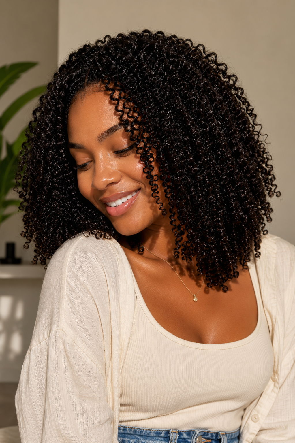Smiling woman with curly hair, wearing a tank top and cardigan.