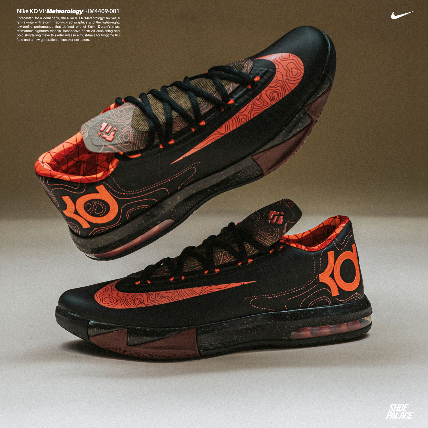 Nike basketball shoes in black and orange, displayed from multiple angles.
