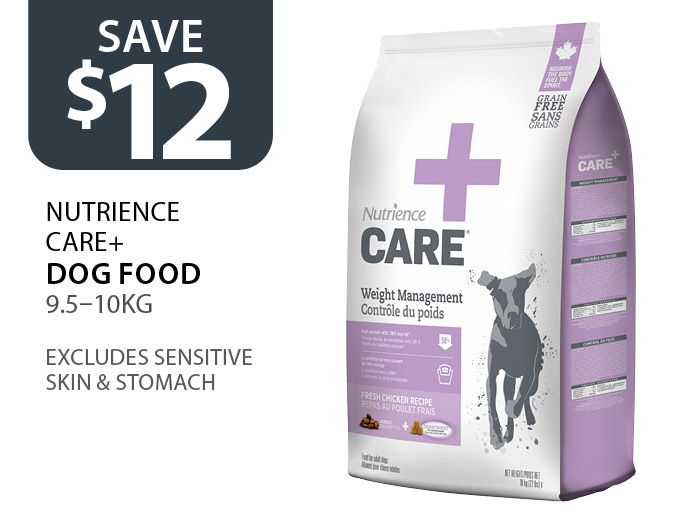 $12 Off Nutrience Care+ Dog Food 9.5–10kg. Excludes Sensitive Skin & Stomach