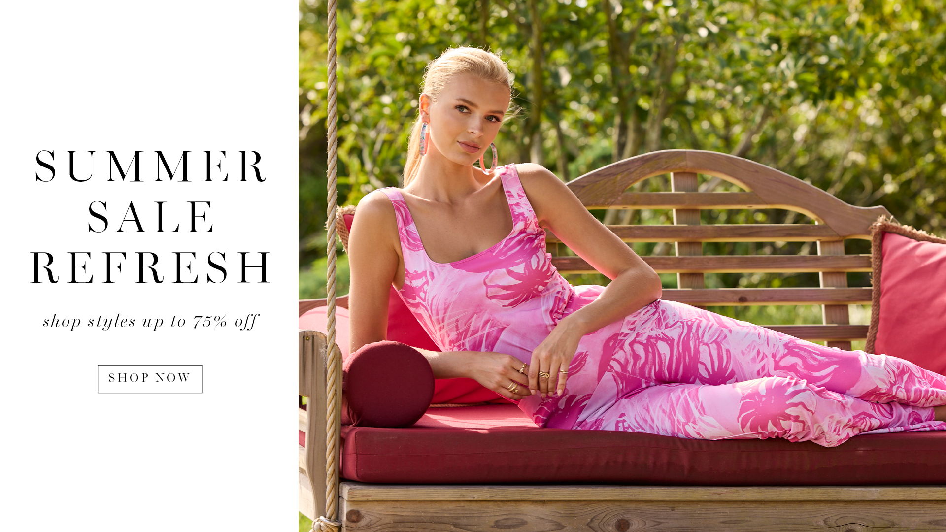 Model lounging on a bench, wearing a pink summer outfit; promotional text on side.