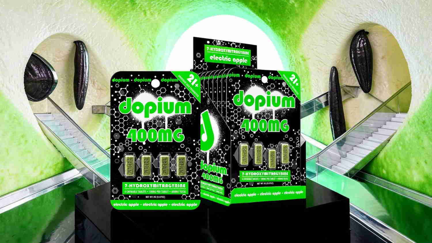 Two packages of Opium products displayed on a reflective surface with green background.