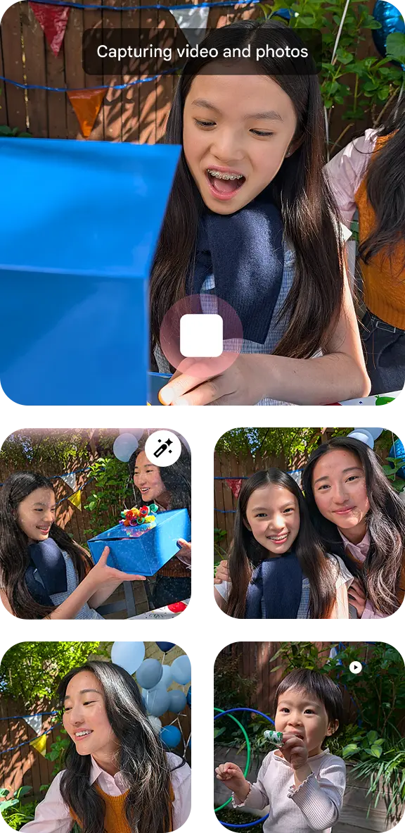 Group of children enjoying activities outdoors, capturing moments with a camera.