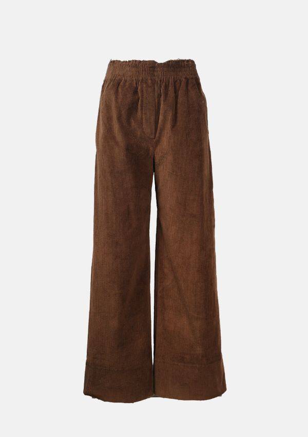 Product image of Cooper Corduroy Pants in Brown by Sea New York. Long length, wide legged in trousers in brown corduroy with an elasticated waist.