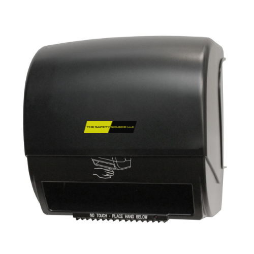 Black paper towel dispenser customized with company logo