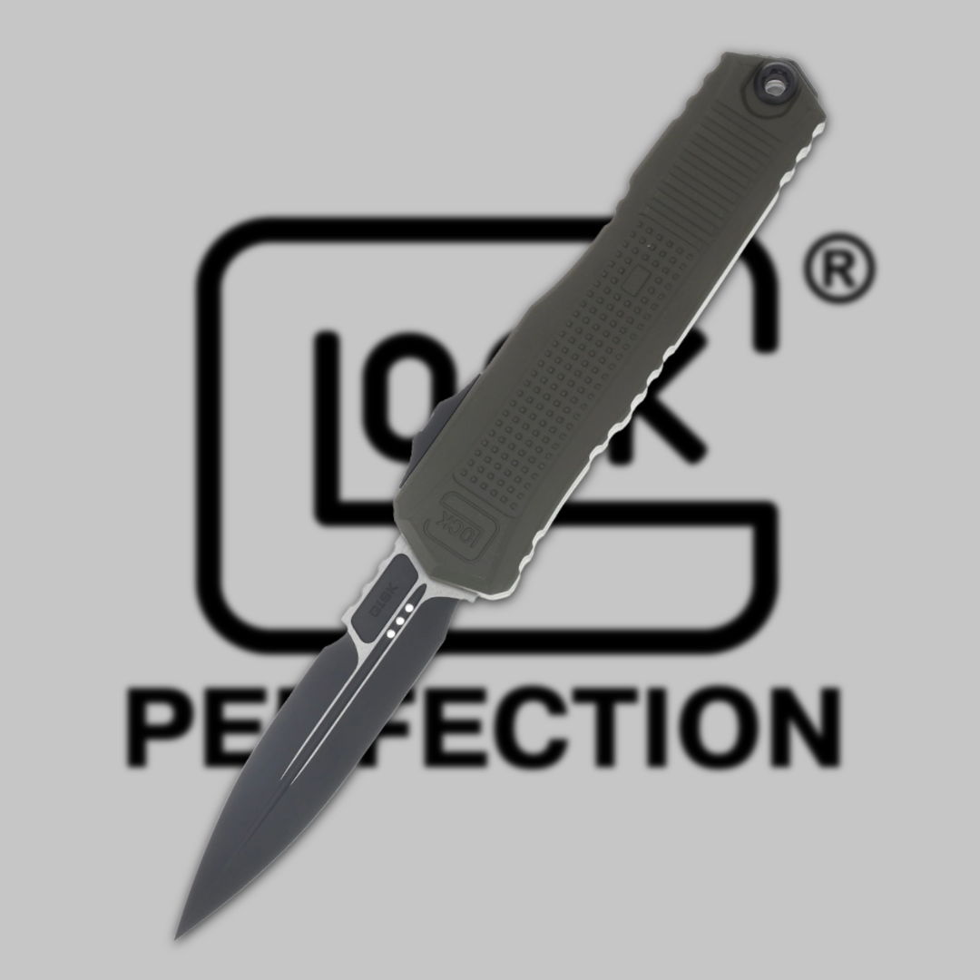 A knife overlaid on a logo with the words 