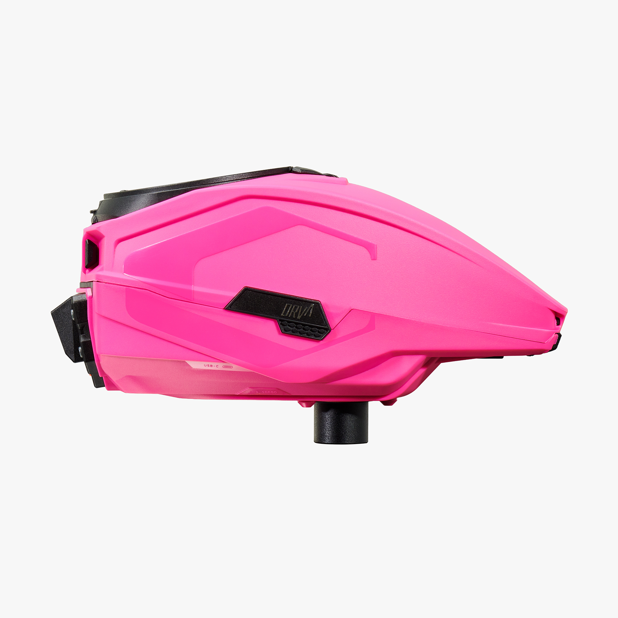 Pink paintball loader viewed from the side.
