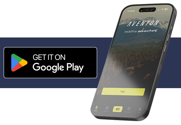 Smartphone displaying an app with a mountain background and Google Play logo.