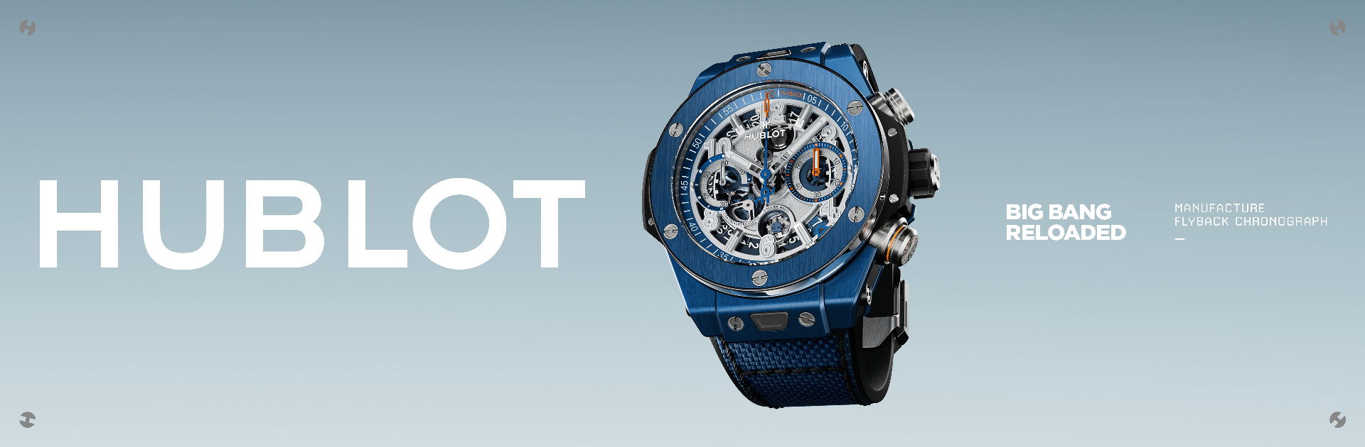 Blue Hublot watch on a light background with brand name displayed.